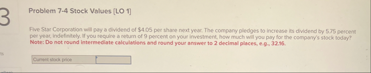 Problem 7 - 4 Stock Values [ ll 1 1 ] Five Star