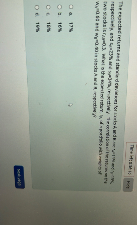 Time left 0 : 5 6 : 1 6 The expected returns and