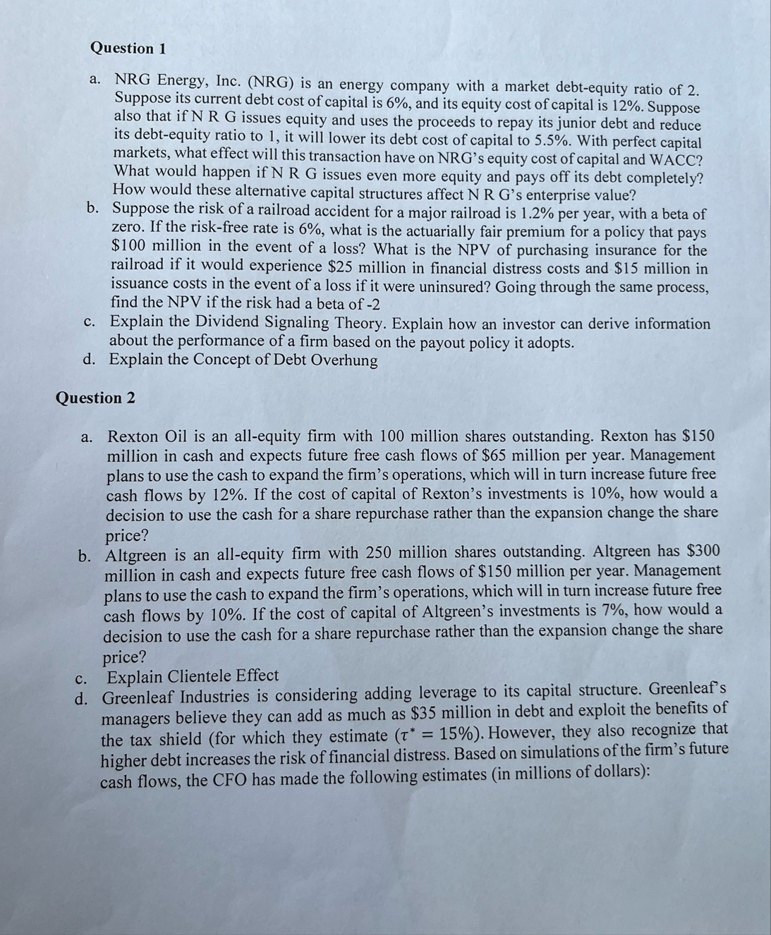 Question 1 a . NRG Energy, Inc. ( NRG ) is an