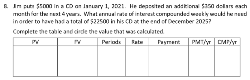 Jim puts $ 5 0 0 0 in a CD on January 1 , 2 0 2 1