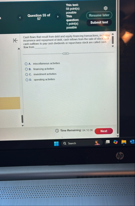 This test: 5 8 point ( s ) Question 5 5 of 5 7