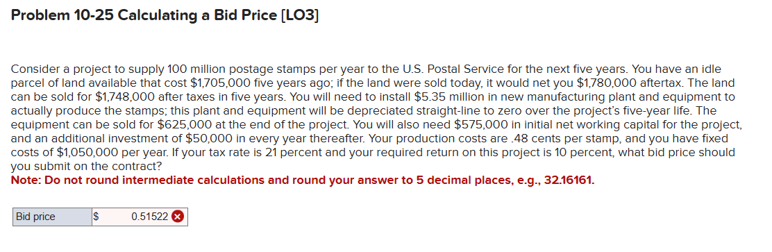 Problem 1 0 - 2 5 Calculating a Bid Price [ LO 3