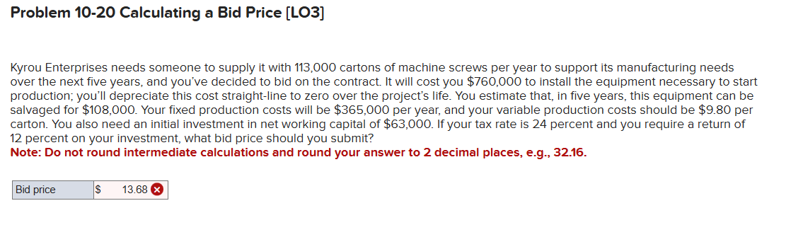Problem 1 0 - 2 0 Calculating a Bid Price [ LO 3