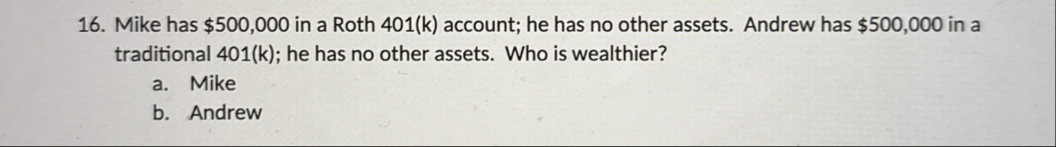 Mike has $ 5 0 0 , 0 0 0 in a Roth 4 0 1 ( k )