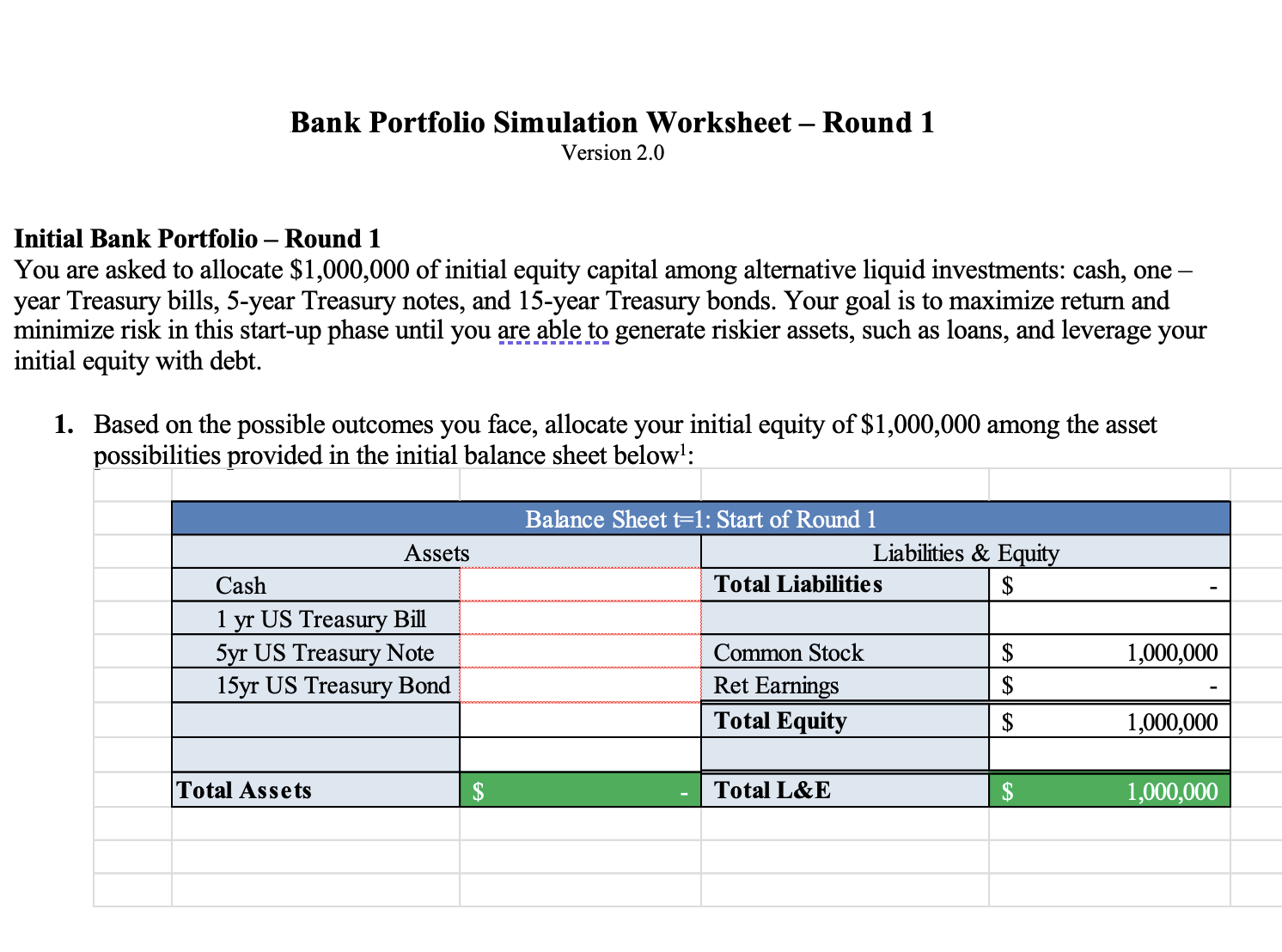 Bank Portfolio Simulation Worksheet - Round 1