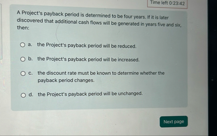 Time left 0 : 2 3 : 4 2 A Project's payback