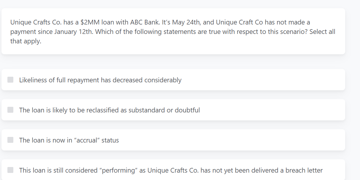 Unique Crafts Co . has a \ $ 2 MM loan with ABC