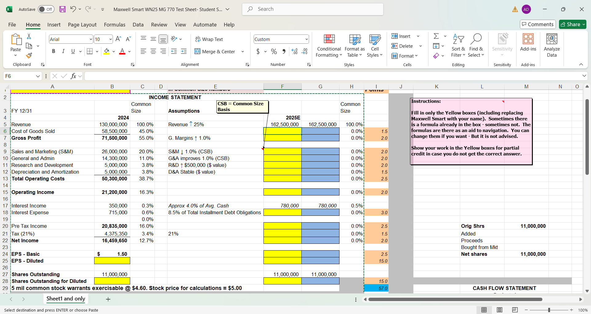 Instructions: Fill in only the Yellow boxes (