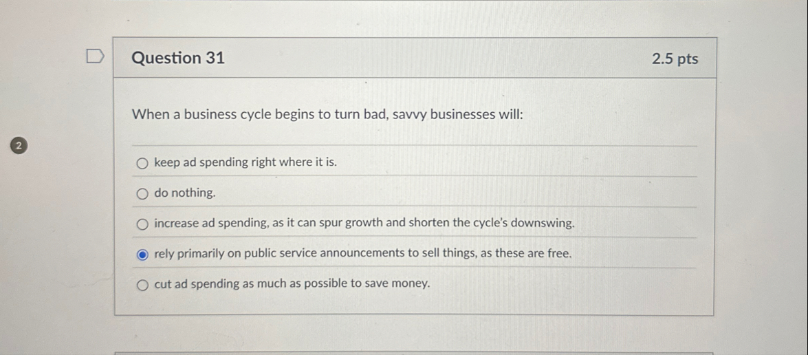 Question 3 1 2 . 5 pts When a business cycle