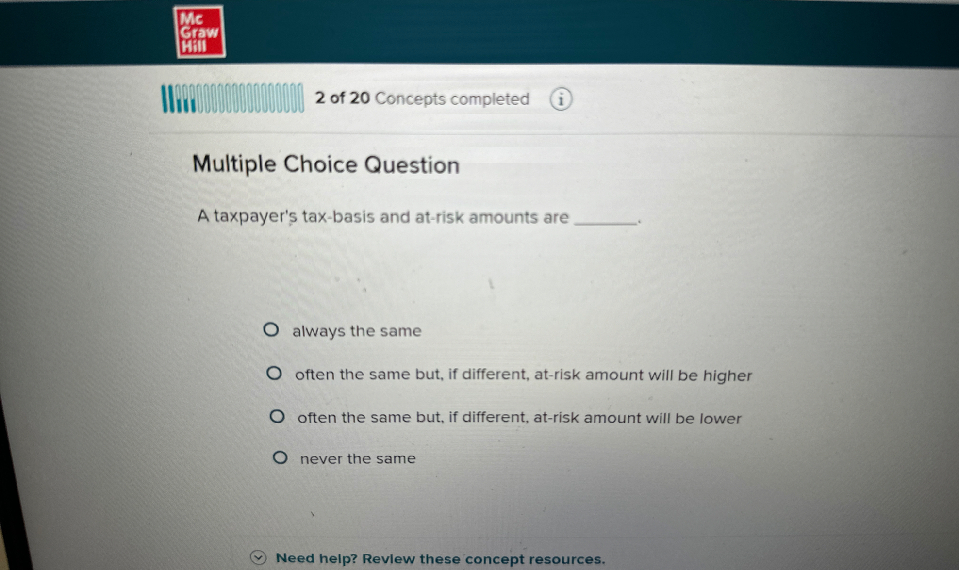 Mc Graw Hilil 2 of 2 0 Concepts completed ( i )