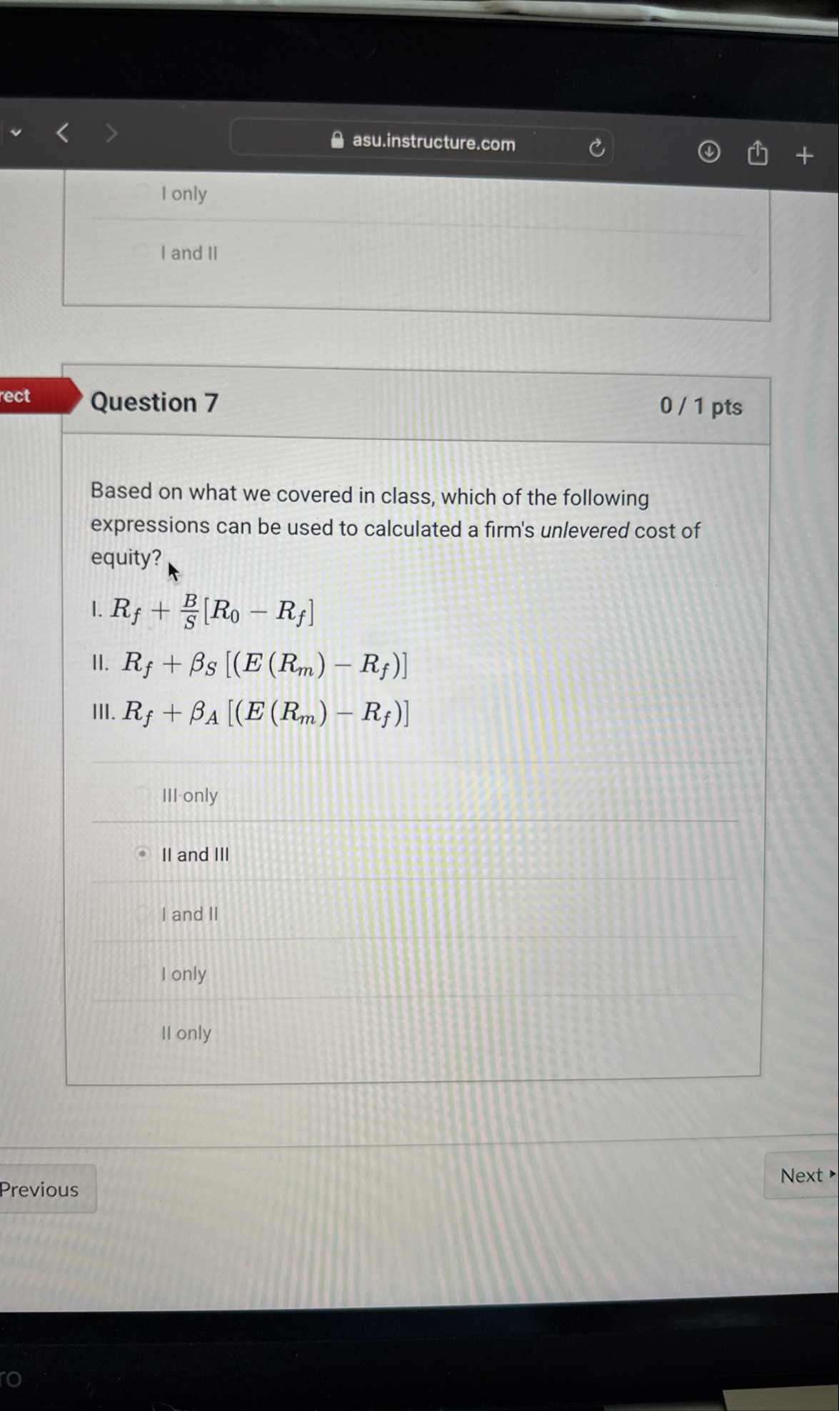 asu.instructure.com I only I and II ect Question