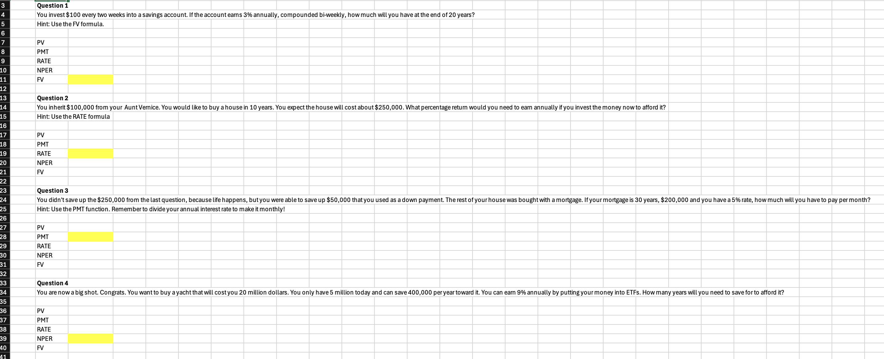 Fill in the variables using excel, solving for
