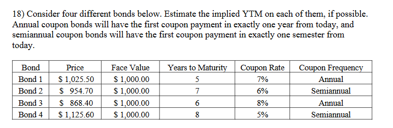 1 8 ) Consider four different bonds below.