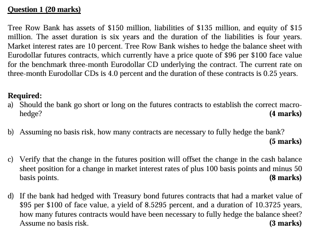 Question 1 ( 2 0 marks ) Tree Row Bank has assets