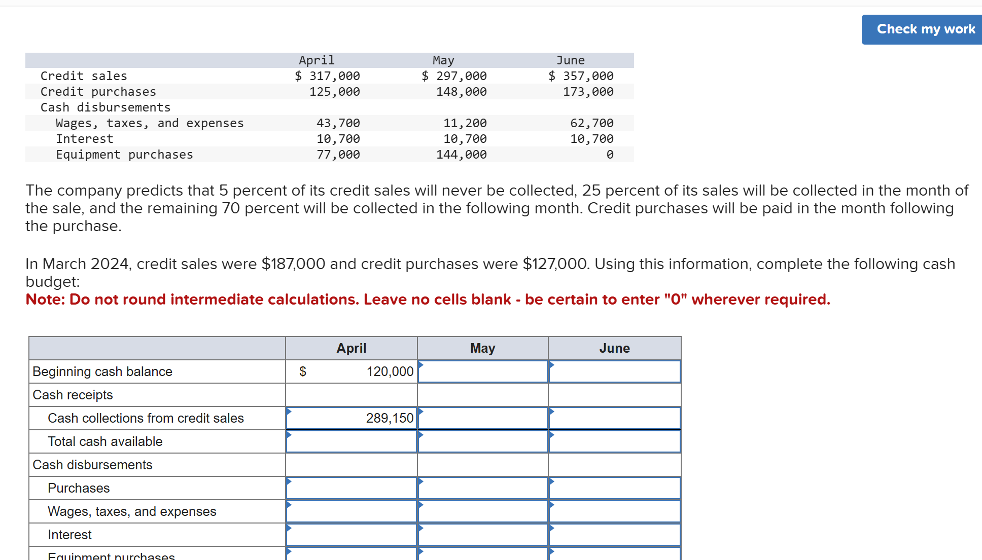 \ begin { tabular } { lccr } & April & May & June