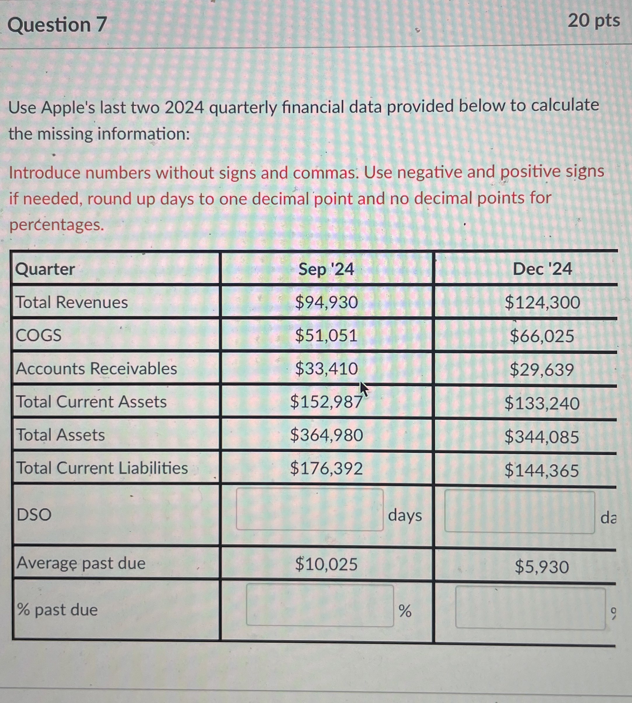 Question 7 2 0 pts Use Apple's last two 2 0 2 4