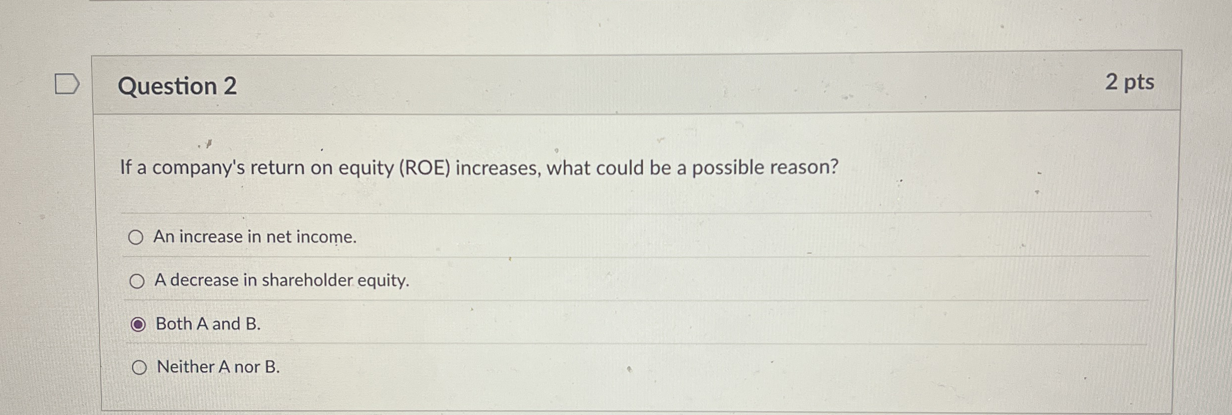 Question 2 2 pts If a company's return on equity