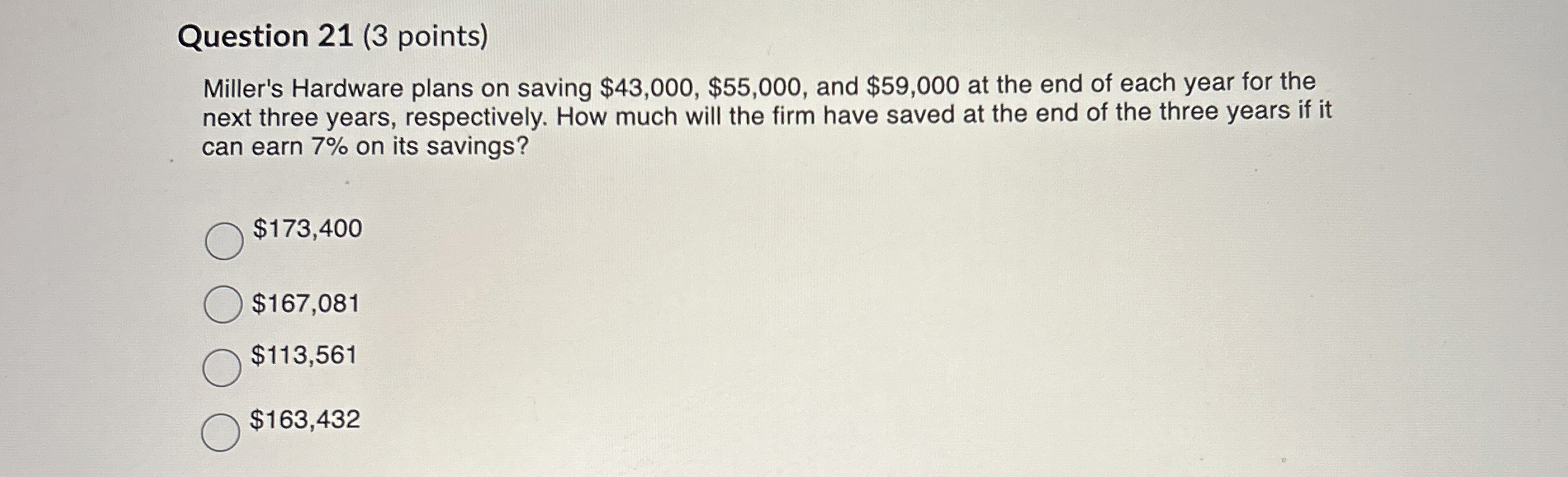 Question 2 1 ( 3 points ) Miller's Hardware plans