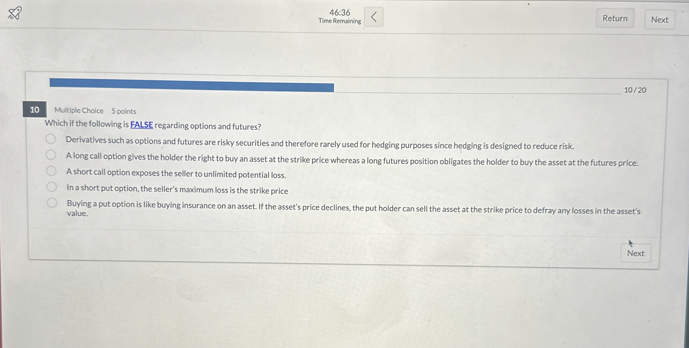 4 6 : 3 6 Time Remaining 1 0 2 0 Multiple Choice
