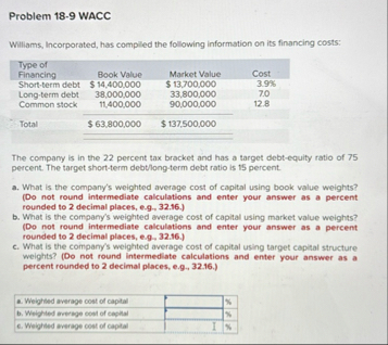 Problem 1 8 - 9 WACC Wiliams, Incorporated, has