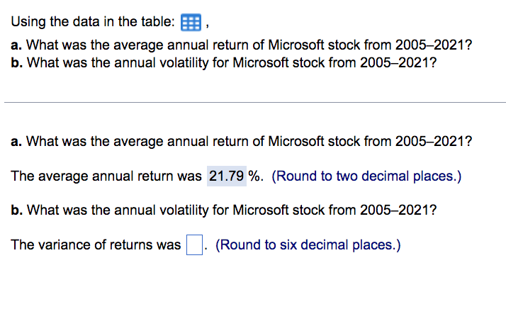 Using the data in the table: , a . What was the