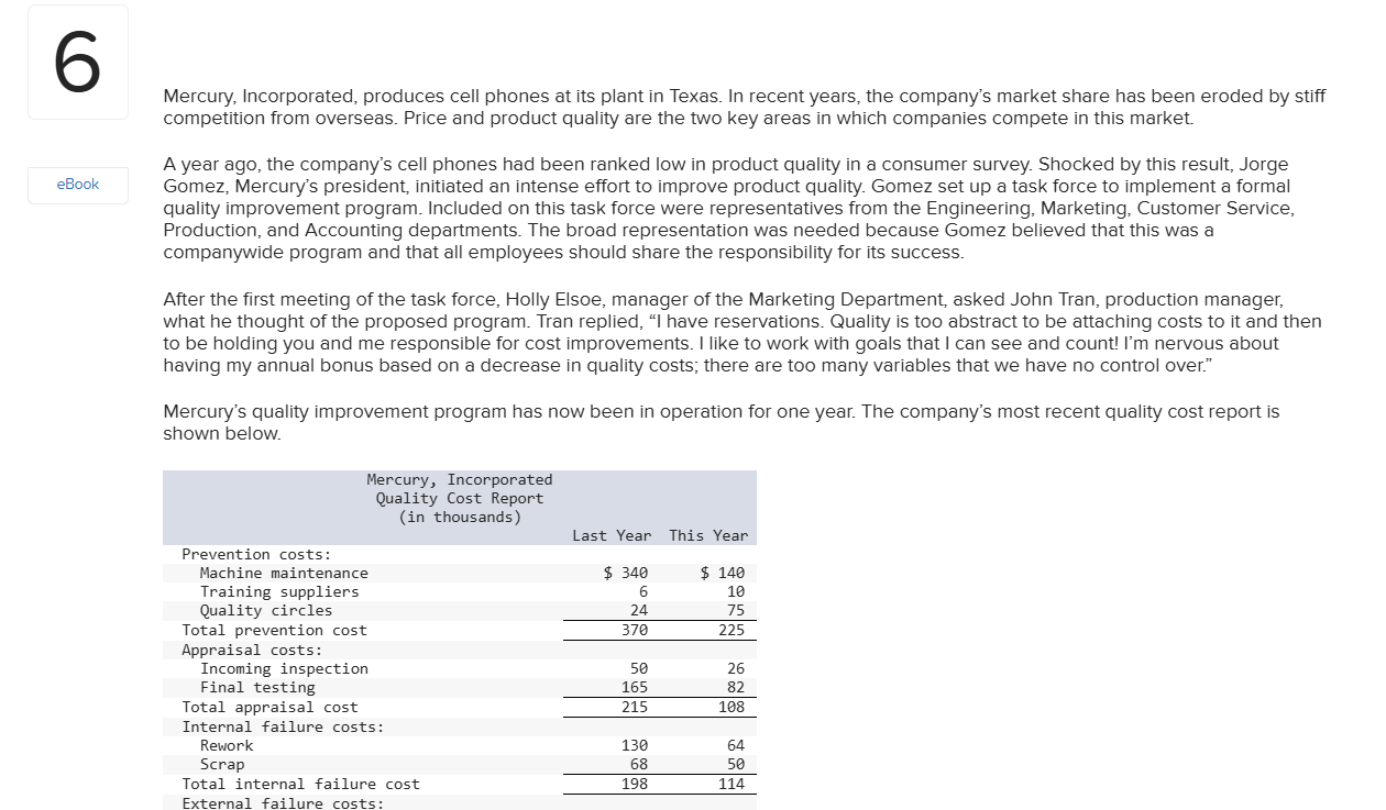 shown below.Mercury, Incorporated Quality Cost