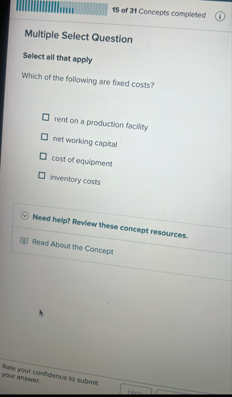 1 5 of 3 1 Concepts completed Multiple Select