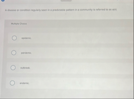 A disease or condition regularly seen in a