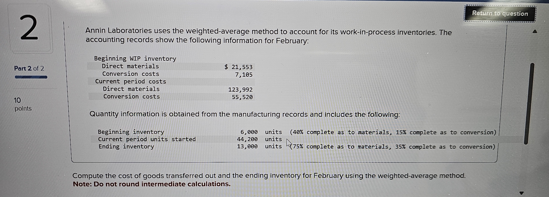 Beginning inventory Current period units started