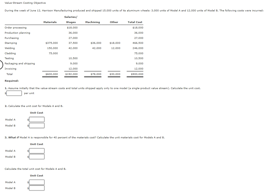 Value - Stream Costing Objective Required: 1 .