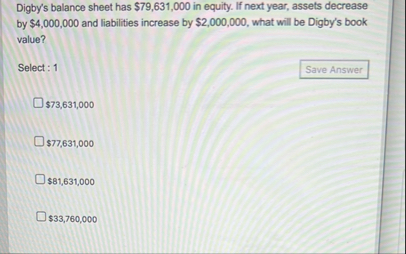 Digby's balance sheet has $ 7 9 , 6 3 1 , 0 0 0