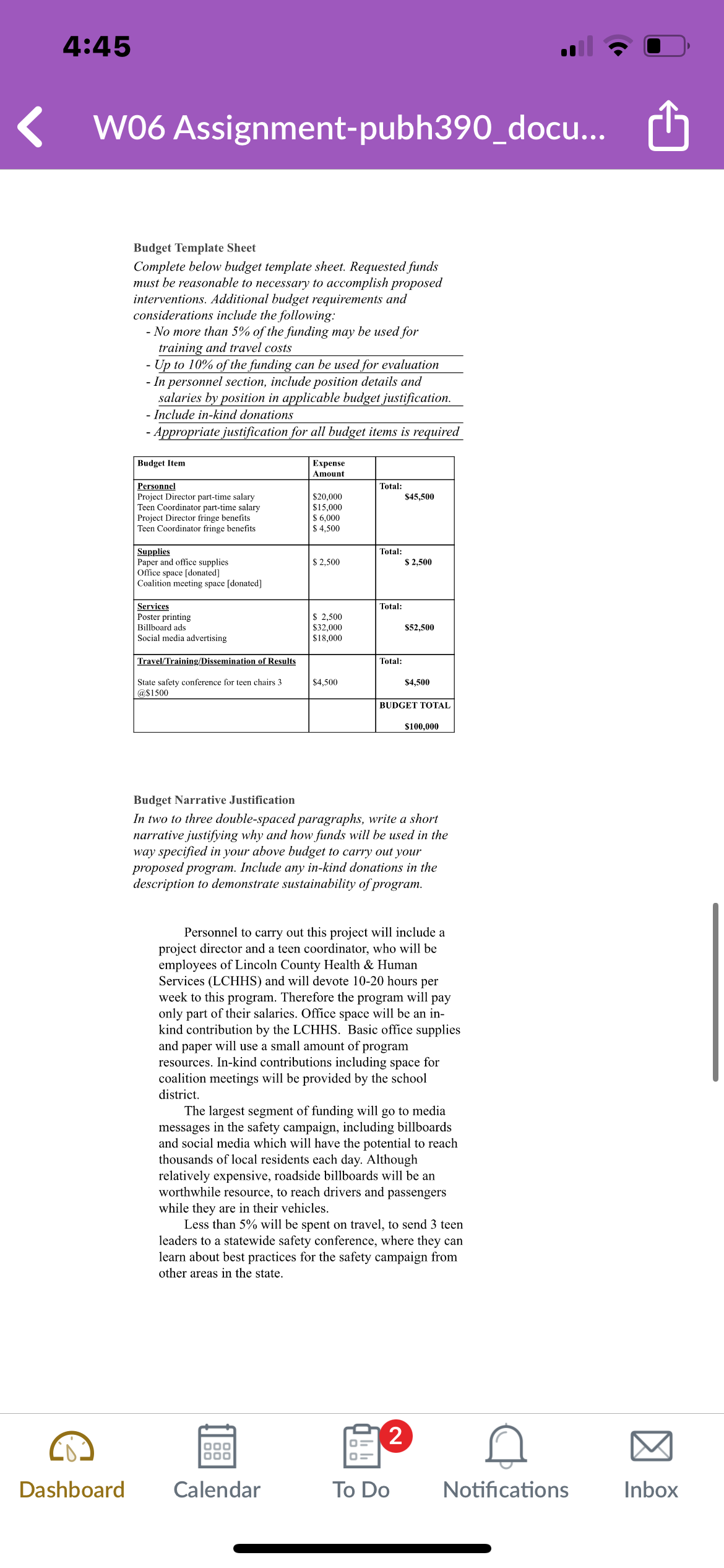 Write out the budget in the table in 3 sentences
