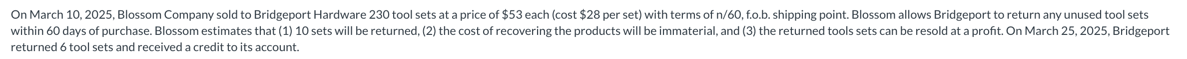 returned 6 tool sets and received a credit to its