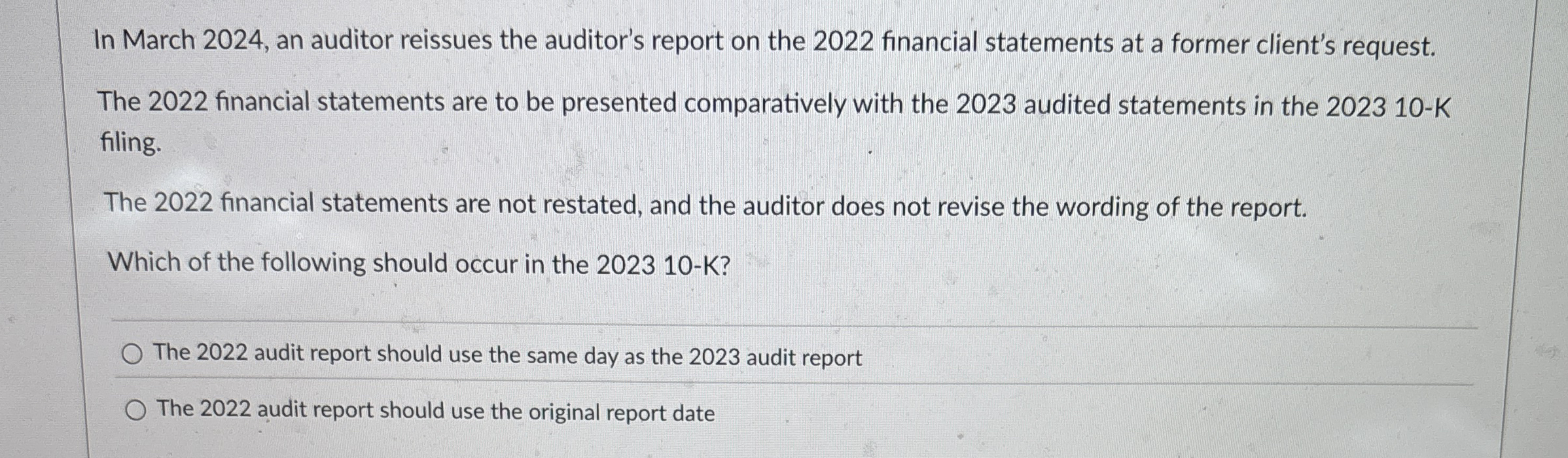 In March 2 0 2 4 , an auditor reissues the