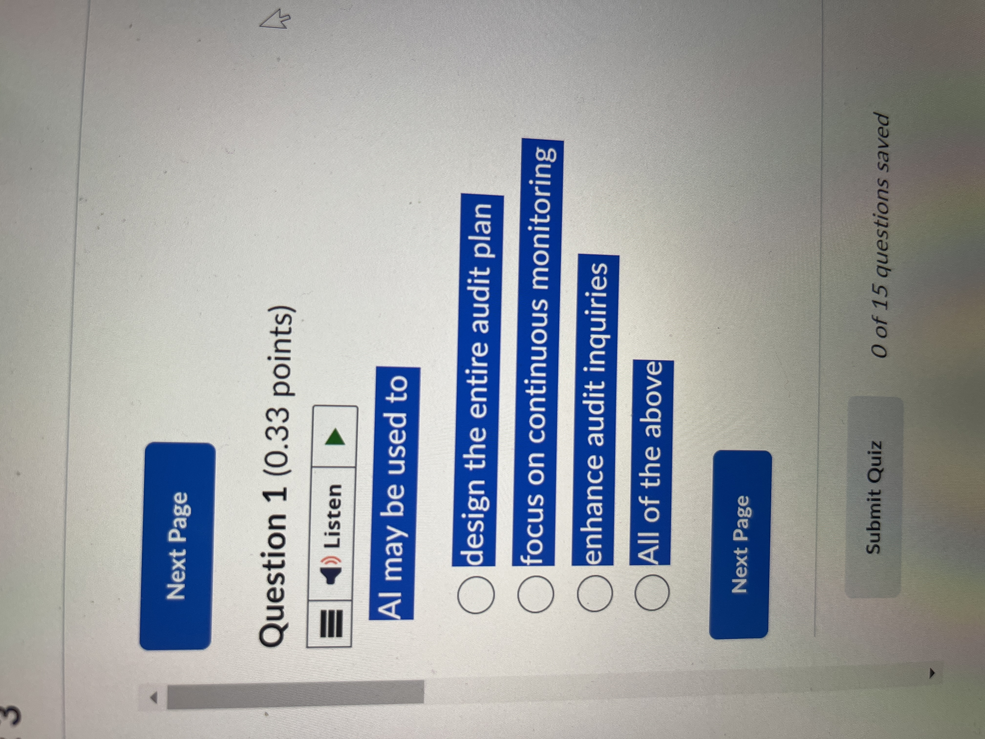 Next Page Question 1 (0.33 points) () Listen Al