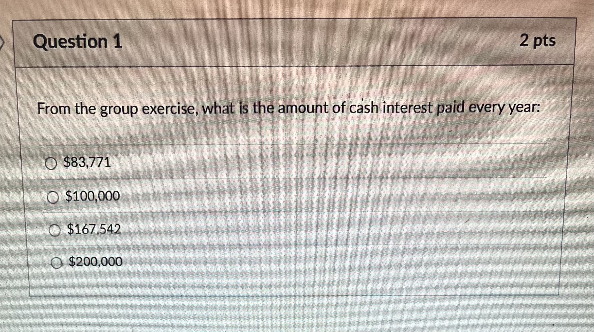 Question 1 2 pts From the group exercise, what is