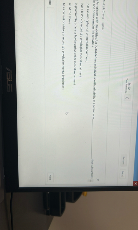 5 6 : 5 2 Time Remaining Next Multiple Choice 1