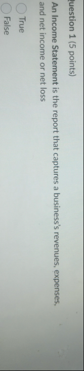 uestion 1 ( 5 points ) An Income Statement is the