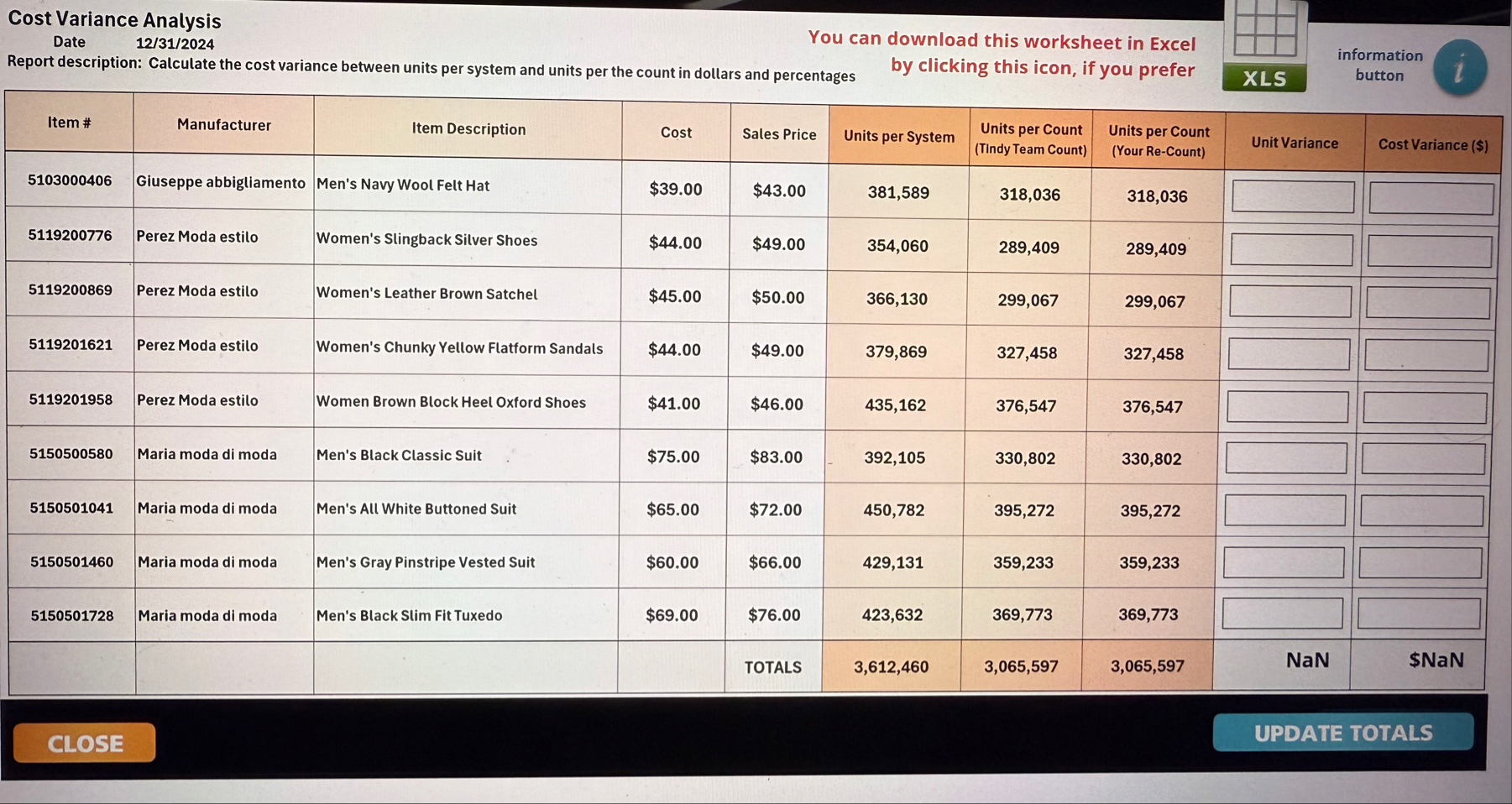 Based on the provided inventory data, calculate