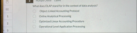 3 Muliple Choke 1 point What does OLAP stand for