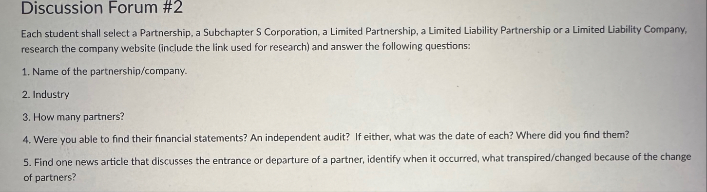 Discussion Forum # 2 Each student shall select a