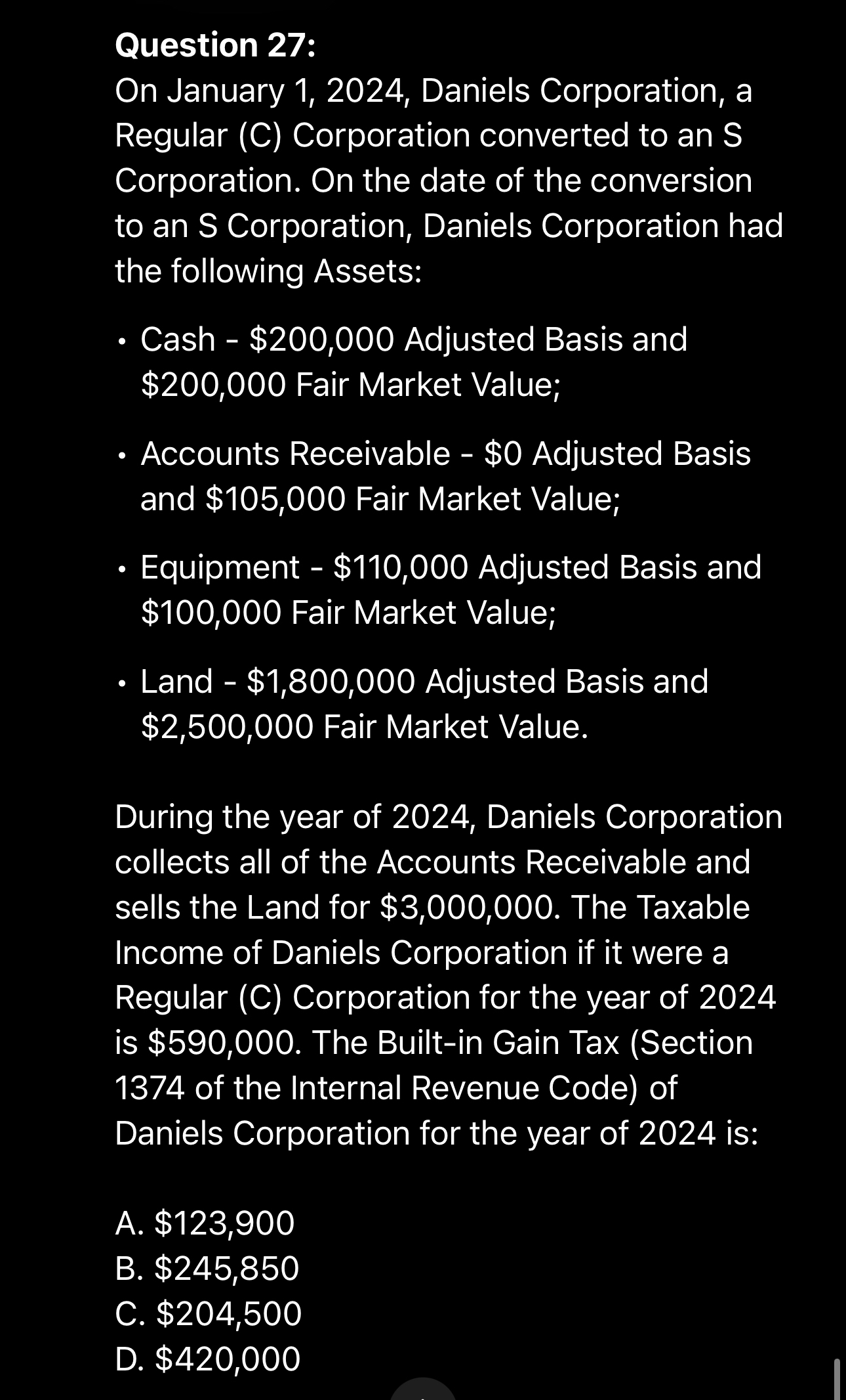 Question 2 7 : On January 1 , 2 0 2 4 , Daniels