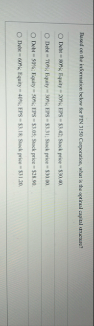 Based on the information below for FIN 3 1 5 0