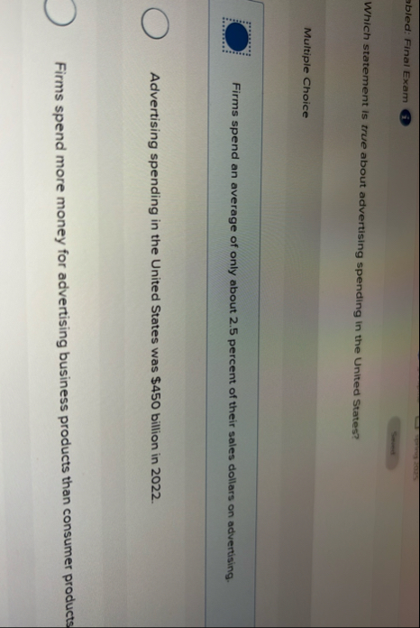 abled: Final Exam i Which statement is true about