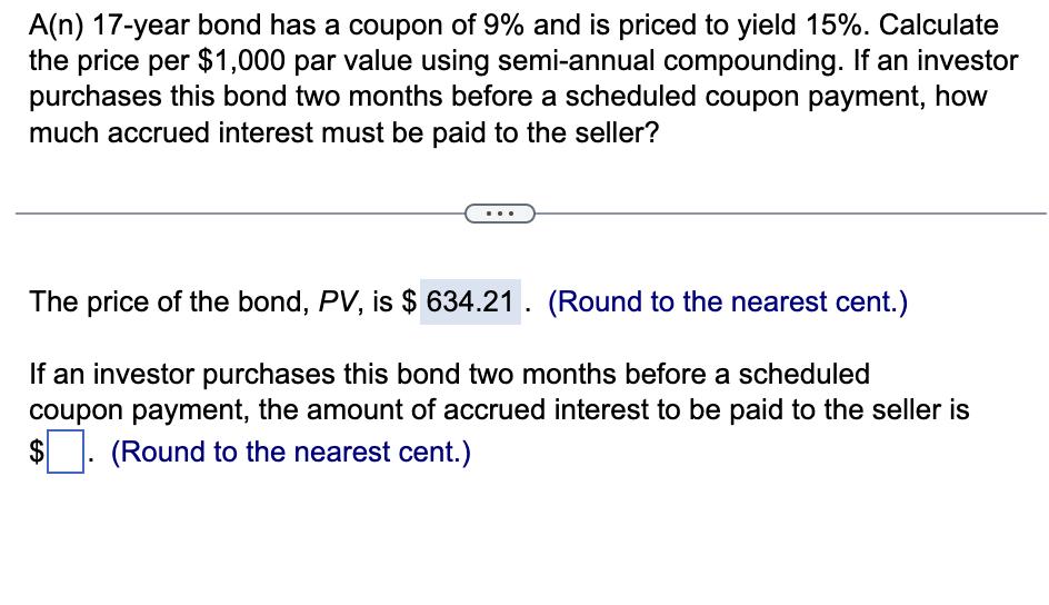 A ( n ) 1 7 - year bond has a coupon of \ ( 9 \ %