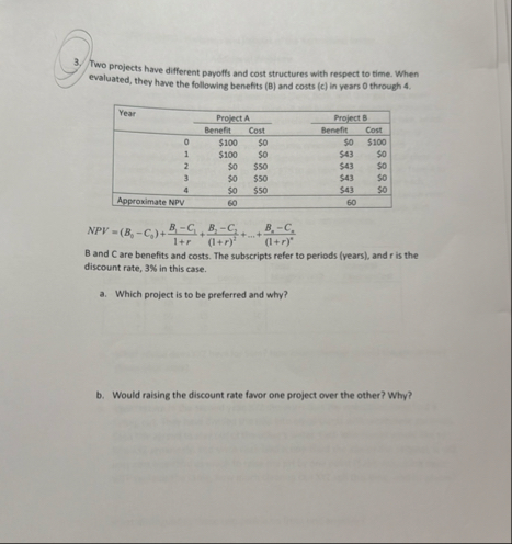 Two projects have different payoffs and cost