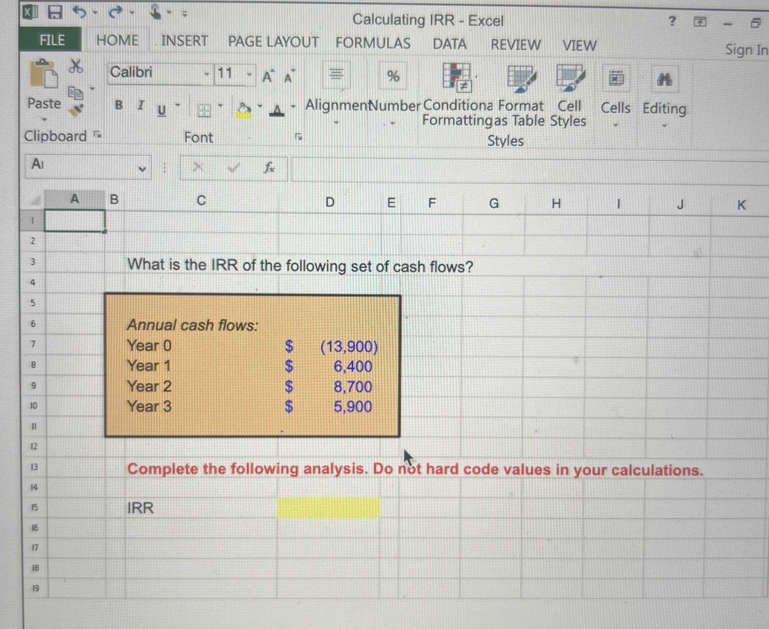 Calculating IRR - Excel FILE HOME INSERT PAGE