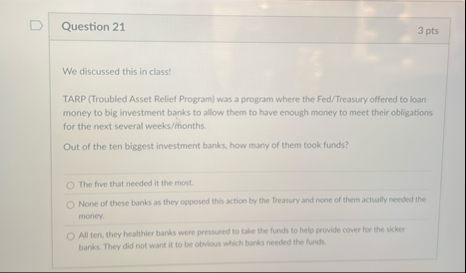 Question 2 1 3 pts We discussed this in class!