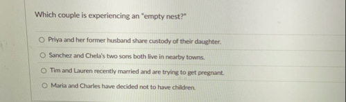 Which couple is experiencing an "empty nest?"