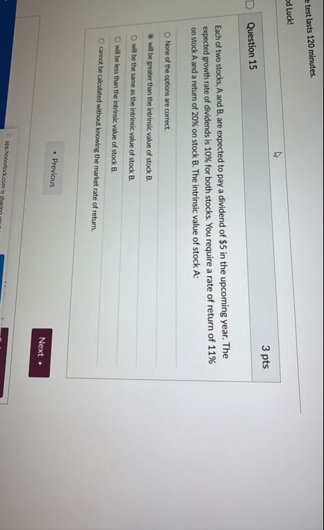 e test lasts 1 2 0 minutes. 3 pts Question 1 5